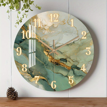 Abstract Marble Wall Clock | Silent Wooden Round Clock with Gold Accents