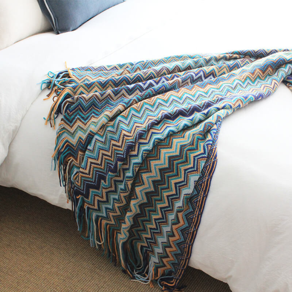 Colorful Zigzag Knit Throw Blanket with Tassels - Cozy Home Decor