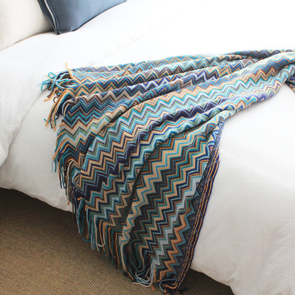 Colorful Zigzag Knit Throw Blanket with Tassels - Cozy Home Decor