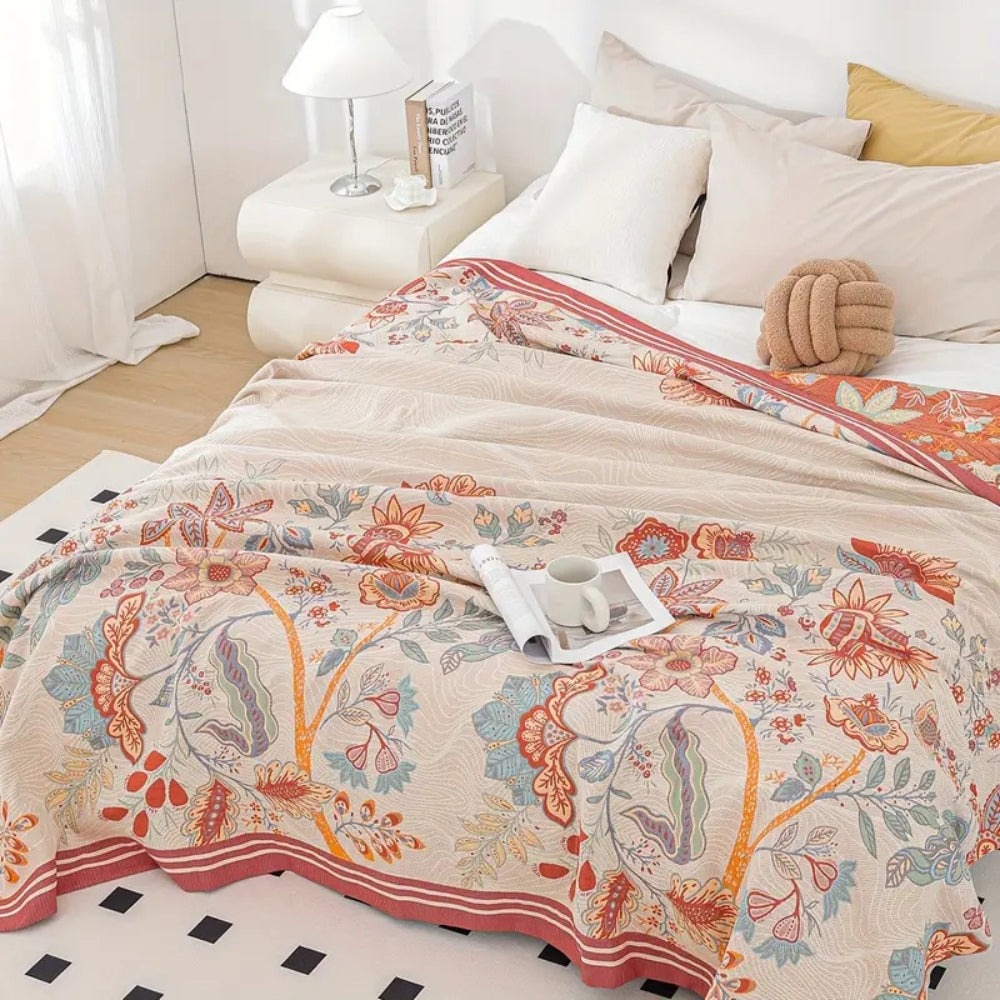 Plaid en coton réversible - Design Vineyard Blossom pour un salon cosy