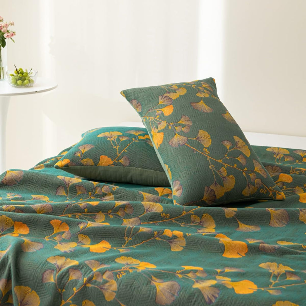 Reversible Floral Ginkgo Leaves Coverlet Set - Soft Bedspread & Quilt
