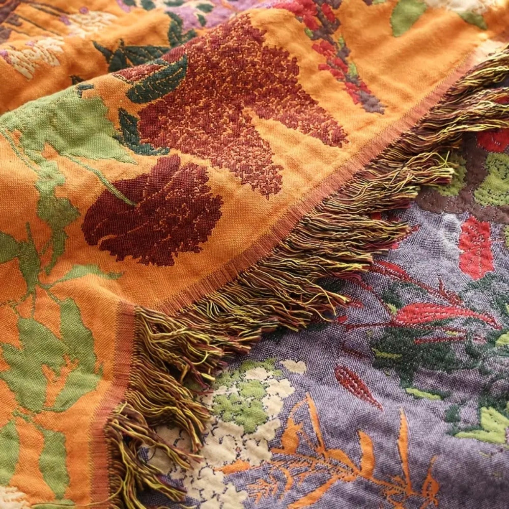 Plaid en coton floral avec pompons - Décoration intérieure bohème