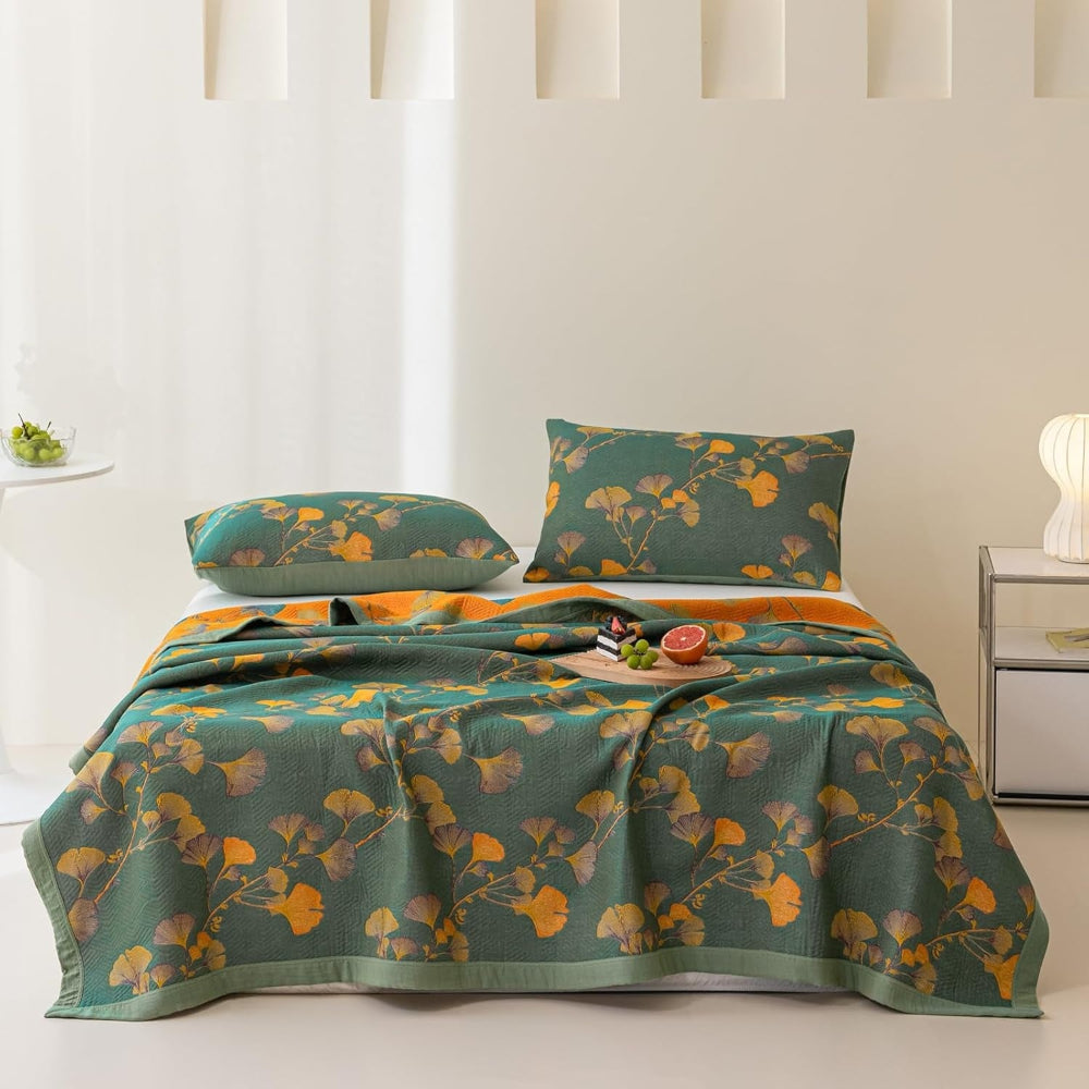 Reversible Floral Ginkgo Leaves Coverlet Set - Soft Bedspread & Quilt