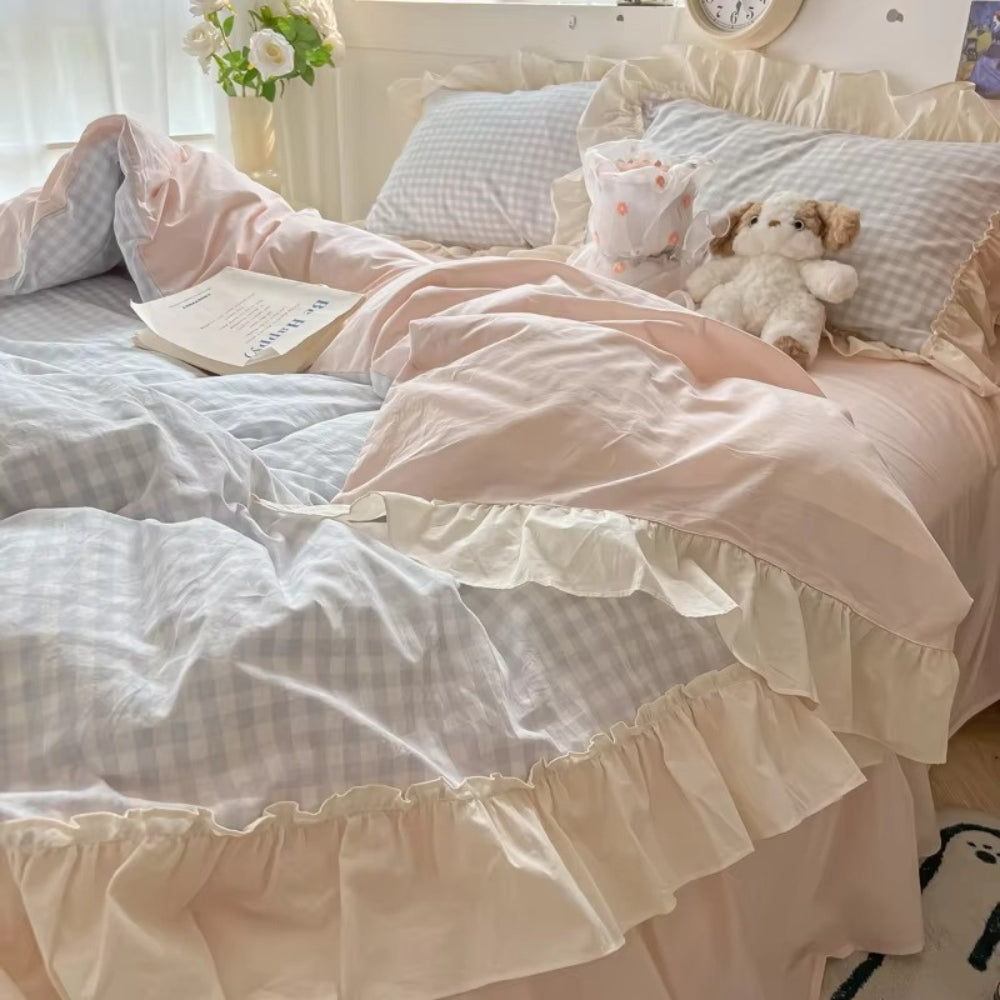 Gingham Check Ruffled Bedding Set - Cozy Farmhouse Style Bed Set
