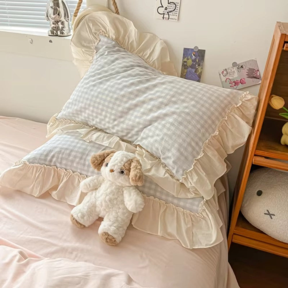 Gingham-Karo Rüschendes Bettwäsche-Set - Gemütliches Bauernhaus-Stil Bettset
