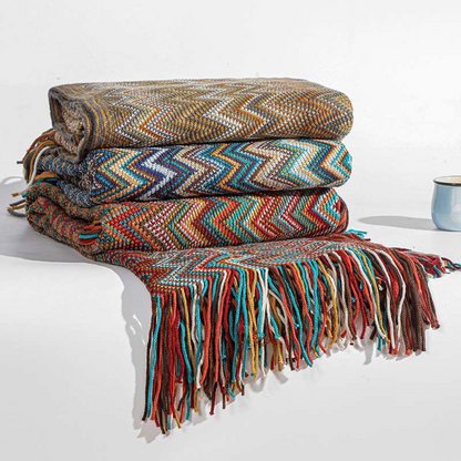 Colorful Zigzag Knit Throw Blanket with Tassels - Cozy Home Decor