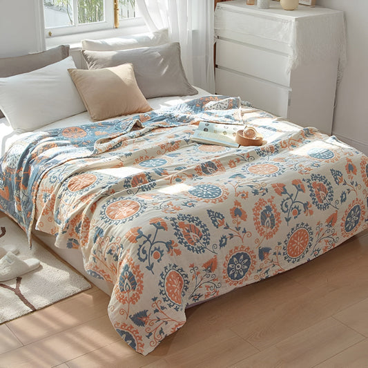 Reversible Floral Cotton Blanket - Cozy Rustic Throw for Home Decor