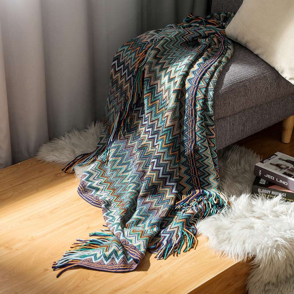 Colorful Zigzag Knit Throw Blanket with Tassels - Cozy Home Decor