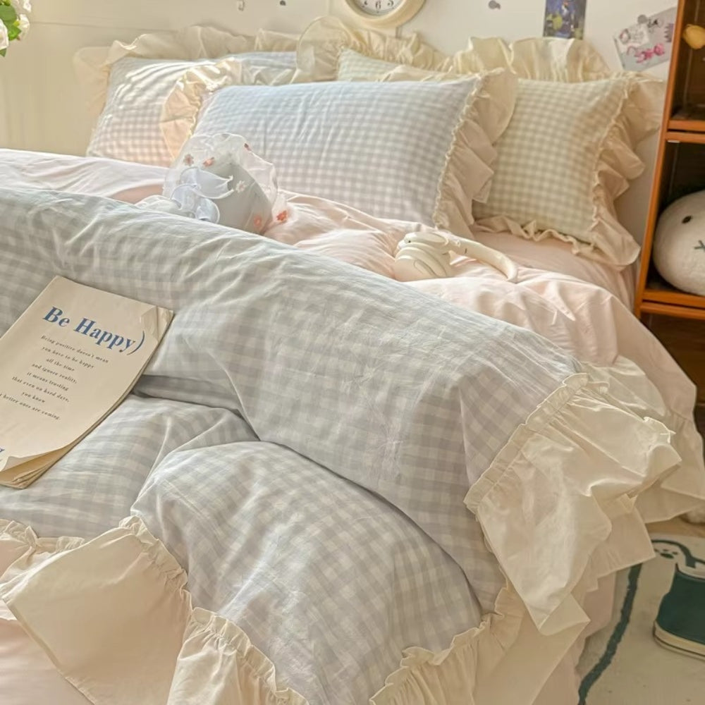 Gingham-Karo Rüschendes Bettwäsche-Set - Gemütliches Bauernhaus-Stil Bettset