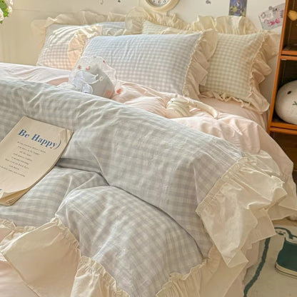 Gingham Check Ruffled Bedding Set - Cozy Farmhouse Style Bed Set