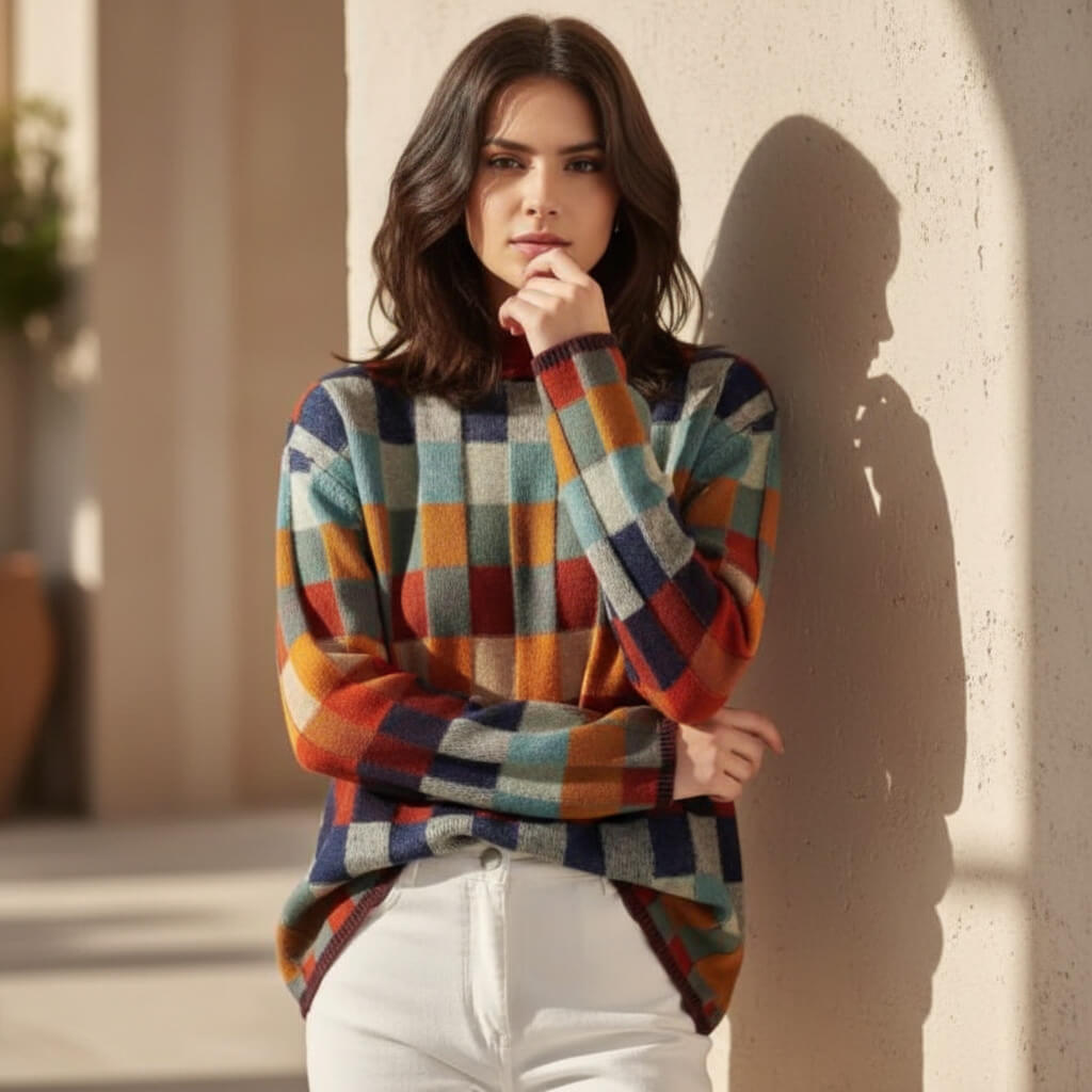 Pull en laine mérinos à carreaux pour femmes Calveria