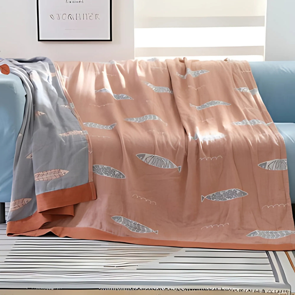 Reversible Cotton Gauze Blanket for Baby - Golden Fish Design