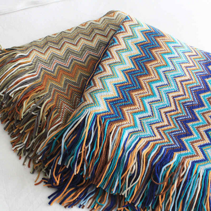 Colorful Zigzag Knit Throw Blanket with Tassels - Cozy Home Decor