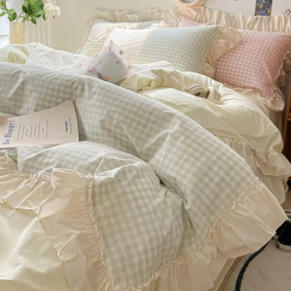 Gingham Check Ruffled Bedding Set - Cozy Farmhouse Style Bed Set