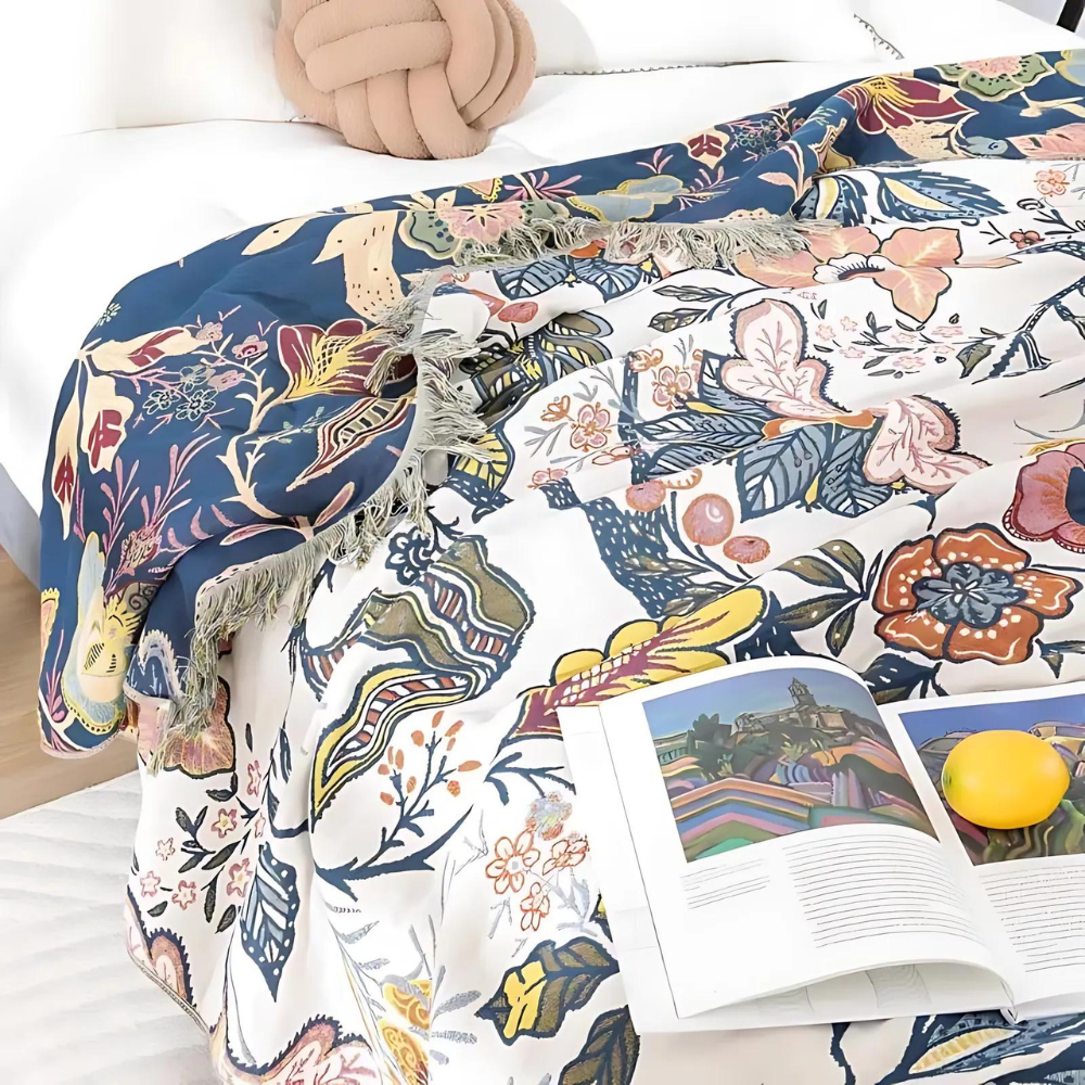 Floral Cotton Throw Blanket | Rustic Botanical Design for Home Decor