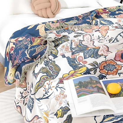 Floral Cotton Throw Blanket | Rustic Botanical Design for Home Decor