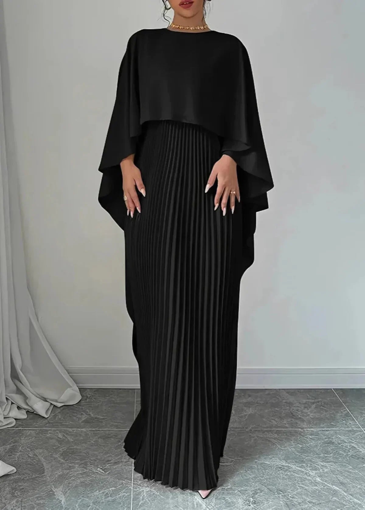 Women’s Pleated Cape Overlay Maxi Dress Refined Evening Wear