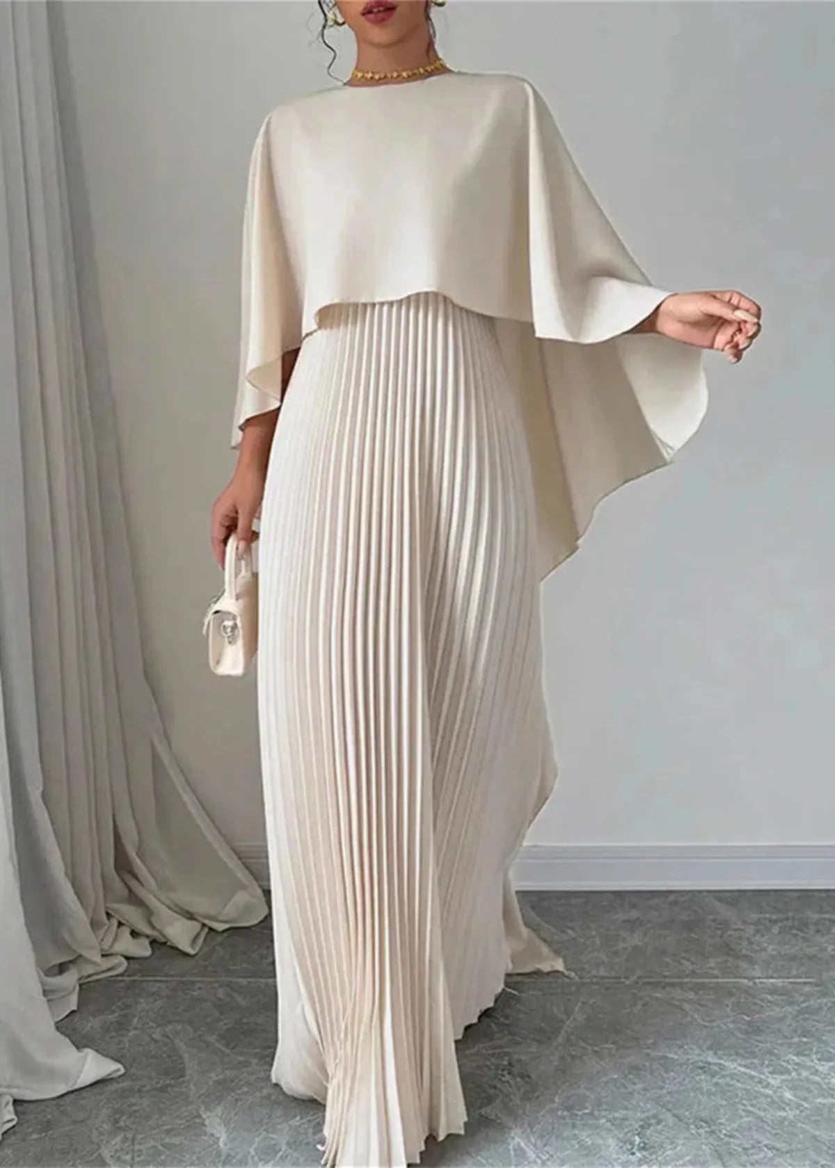 Women’s Pleated Cape Overlay Maxi Dress Refined Evening Wear
