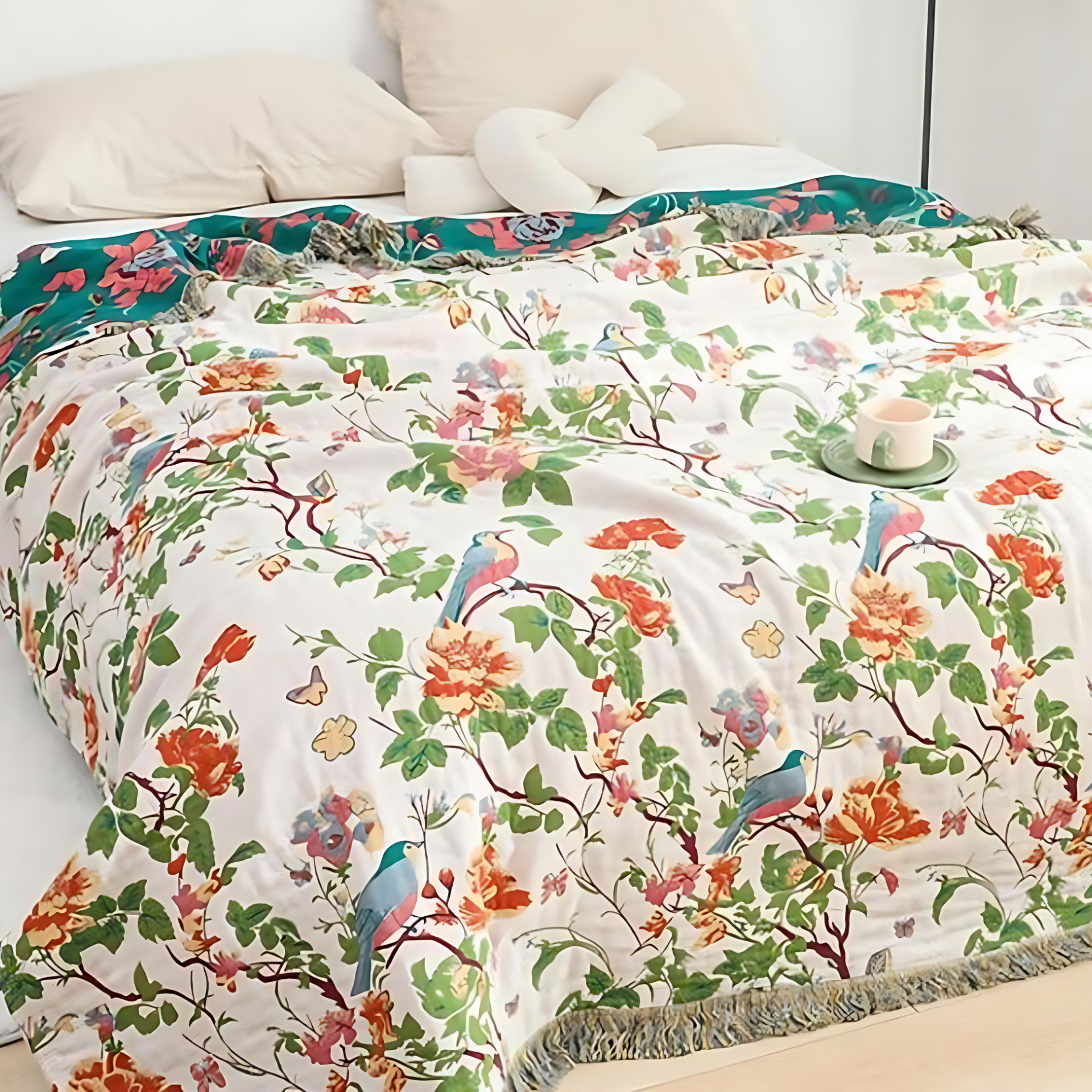 Plaid en coton réversible - Design Botanic Bluebird pour une maison cosy