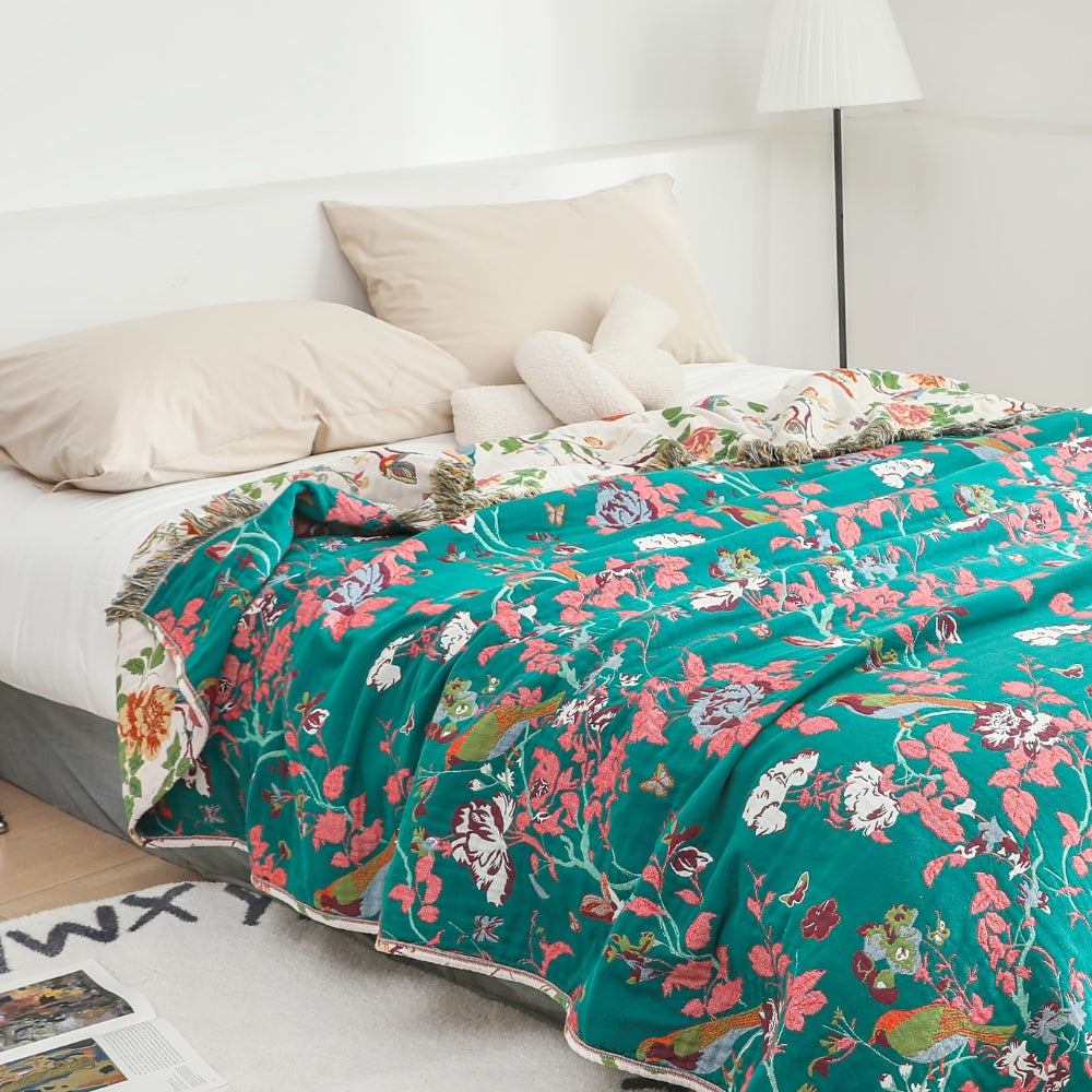 Plaid en coton réversible - Design Botanic Bluebird pour une maison cosy