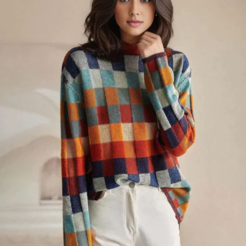 Pull en laine mérinos à carreaux pour femmes Calveria
