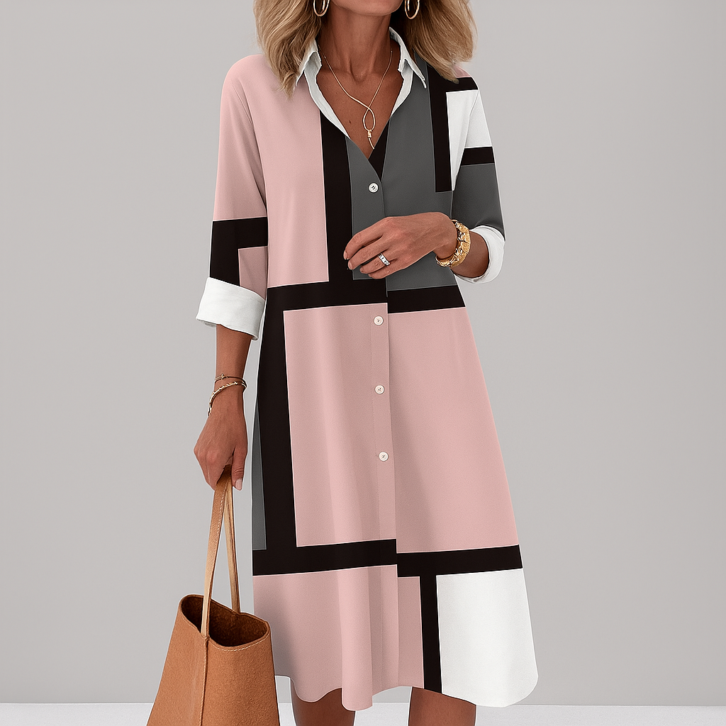 Damen Zeitloses Hemd Kleid mit Knopfleiste und geometrischem Muster