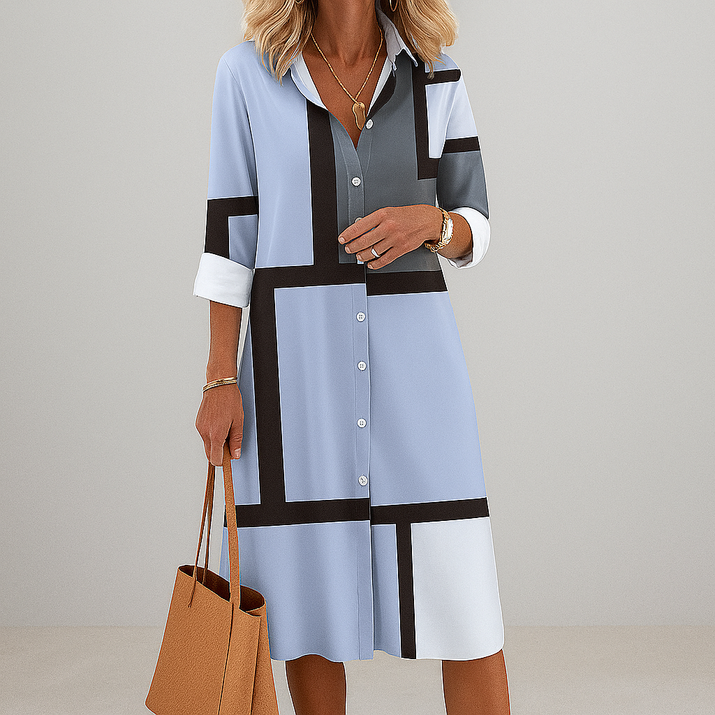 Damen Zeitloses Hemd Kleid mit Knopfleiste und geometrischem Muster