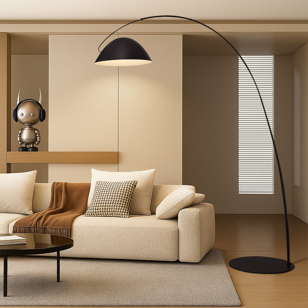 Lampadaire arc noir élégant avec abat-jour en dôme pour éclairage de salon