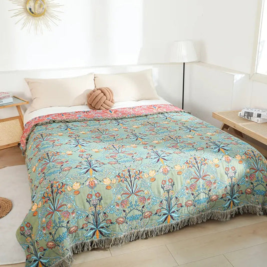 Floral Cotton Throw Blanket with Tassels - Greenery Home Decor