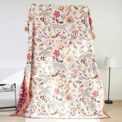 Reversible Cotton Throw Blanket - Jungle Bloom Design for Home Decor