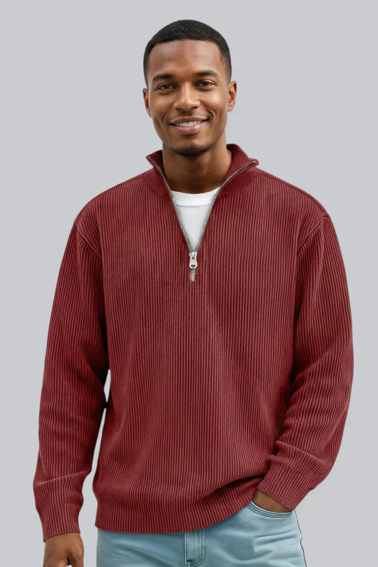 Pull tricoté pour homme avec fermeture éclair et toucher doux