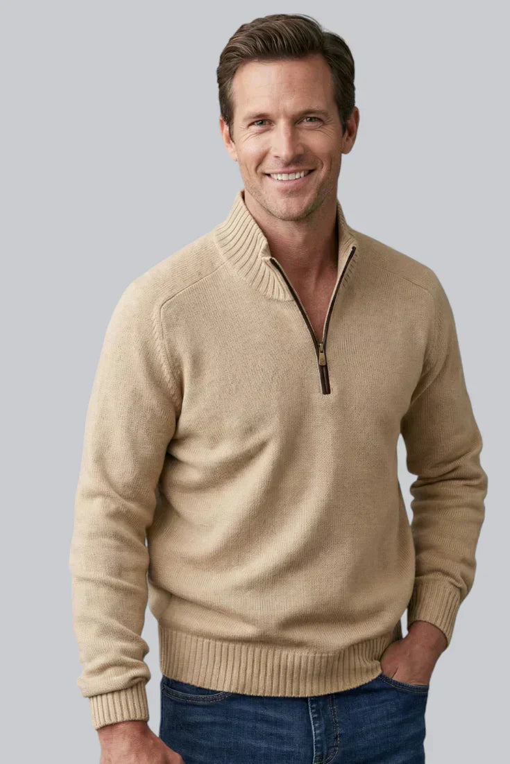 Pull tricoté à fermeture éclair quart pour homme avec ourlet côtelé et manches longues
