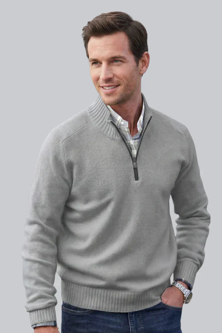 Pull tricoté à fermeture éclair quart pour homme avec ourlet côtelé et manches longues