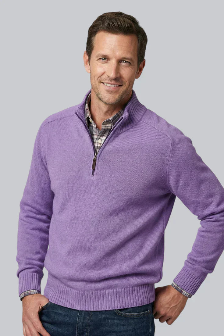 Pull tricoté à fermeture éclair quart pour homme avec ourlet côtelé et manches longues