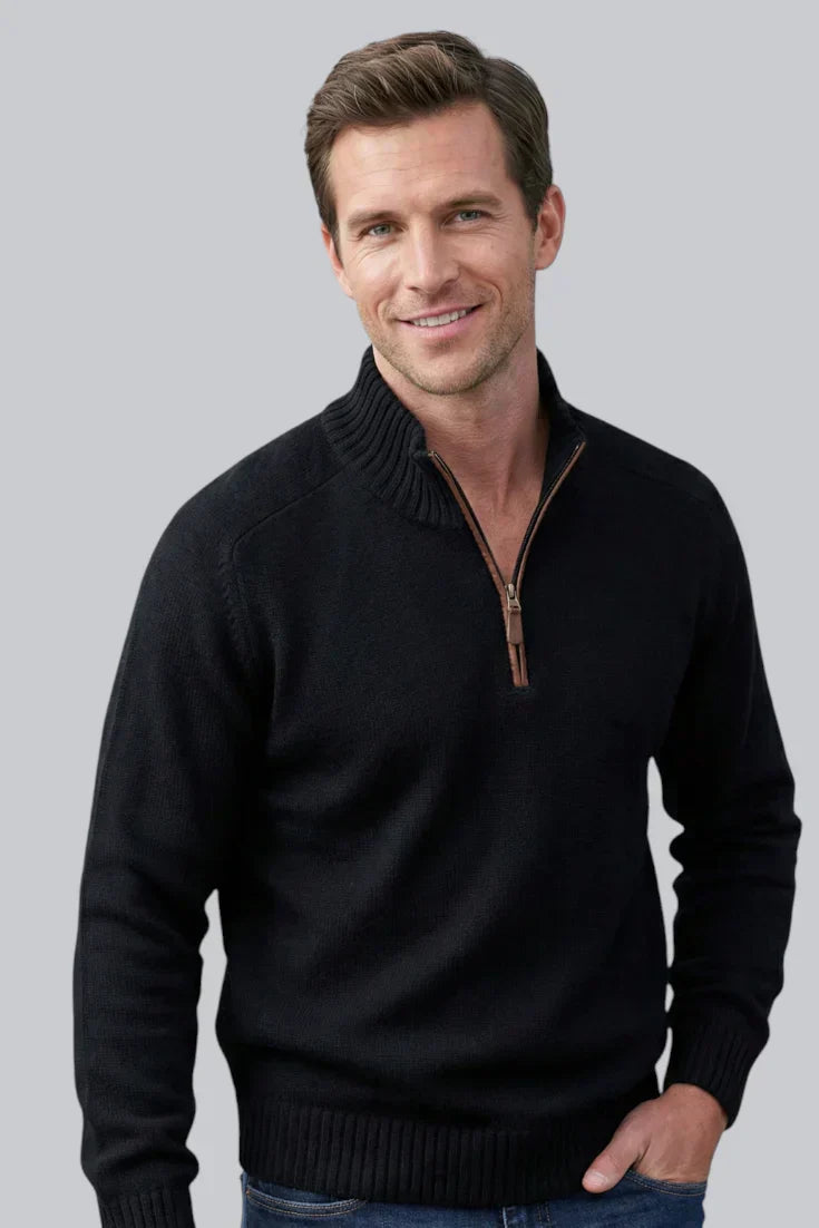 Pull tricoté à fermeture éclair quart pour homme avec ourlet côtelé et manches longues
