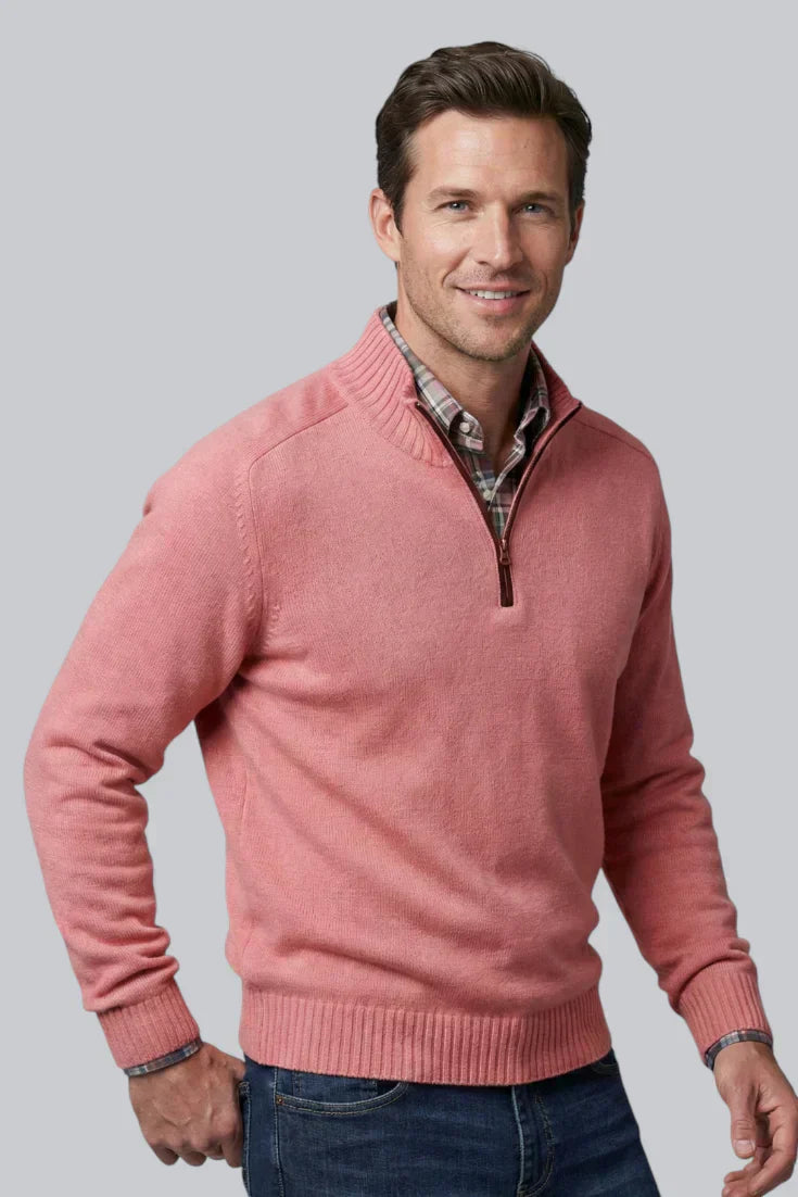 Pull tricoté à fermeture éclair quart pour homme avec ourlet côtelé et manches longues