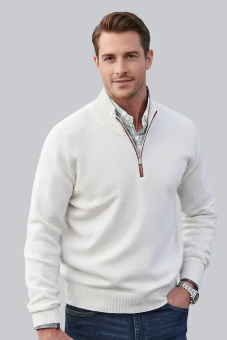 Pull tricoté à fermeture éclair quart pour homme avec ourlet côtelé et manches longues