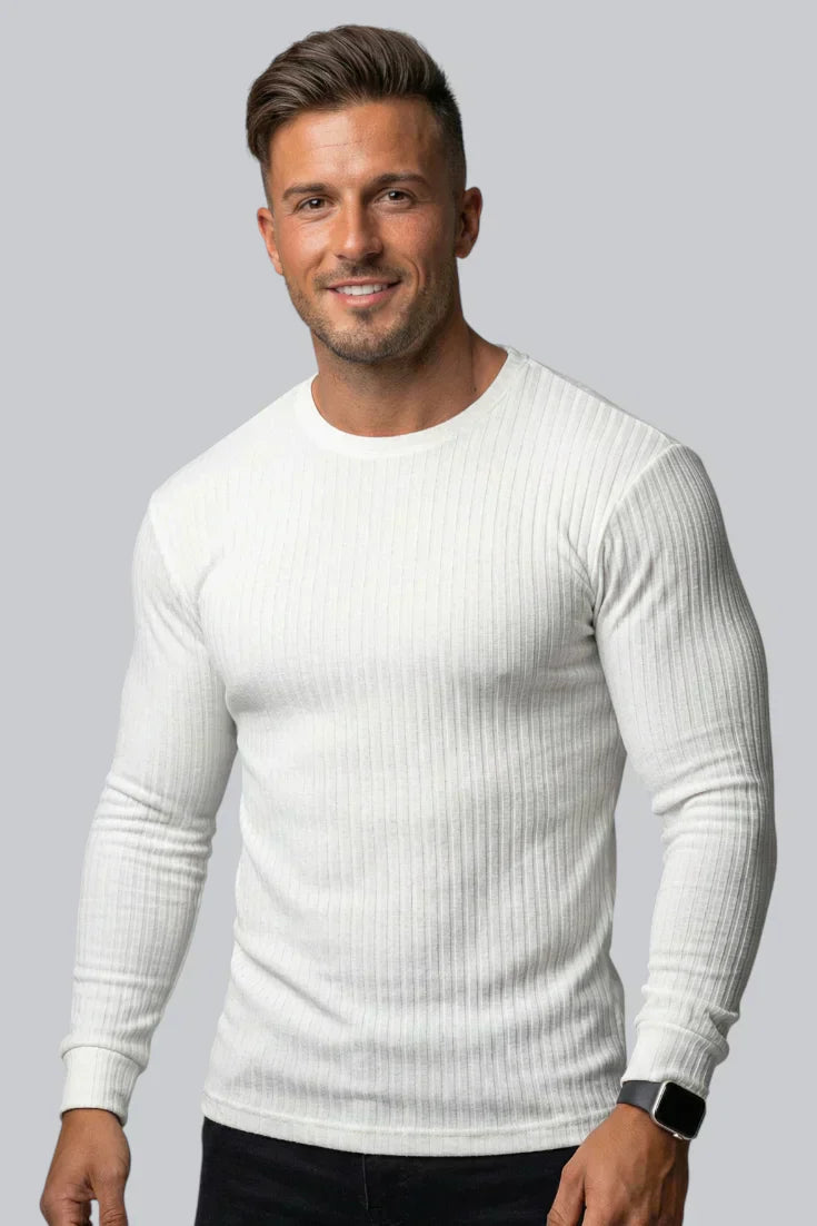 Herren Geripptes Rundhals Pullover mit langen Ärmeln und glattem Griff