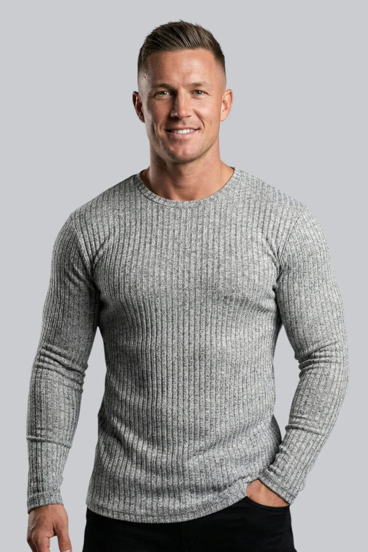 Herren Geripptes Rundhals Pullover mit langen Ärmeln und glattem Griff
