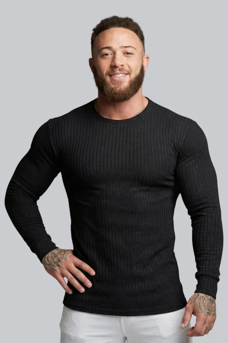 Herren Geripptes Rundhals Pullover mit langen Ärmeln und glattem Griff