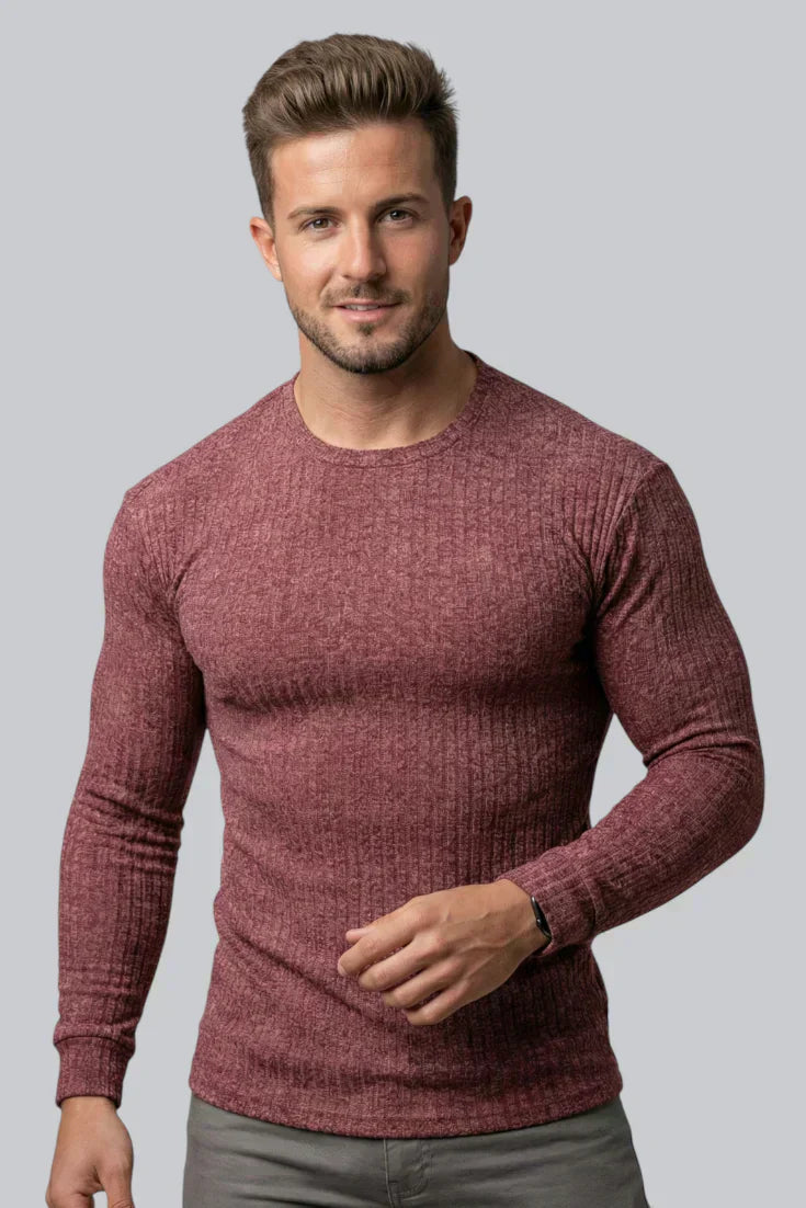 Herren Geripptes Rundhals Pullover mit langen Ärmeln und glattem Griff