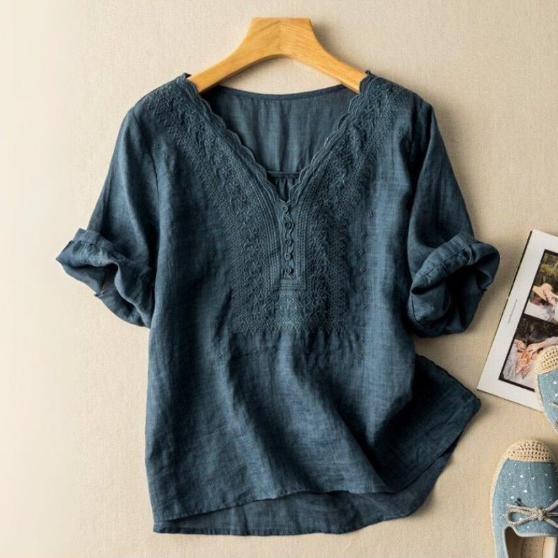  | Luciana Damen Bestickte Baumwoll-Leinen Bluse