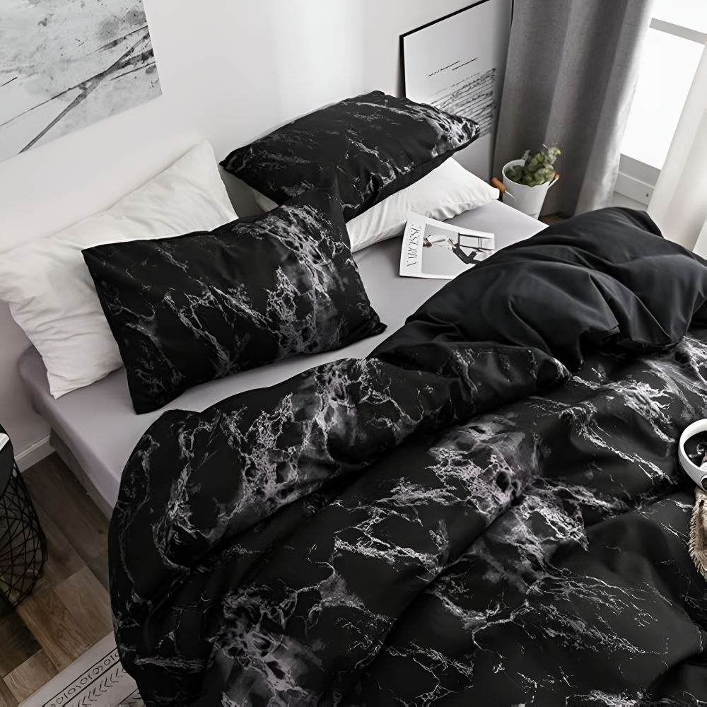 Luxus schwarzes Marmor Bettbezug Set - 3-teiliges Bettwäsche Set