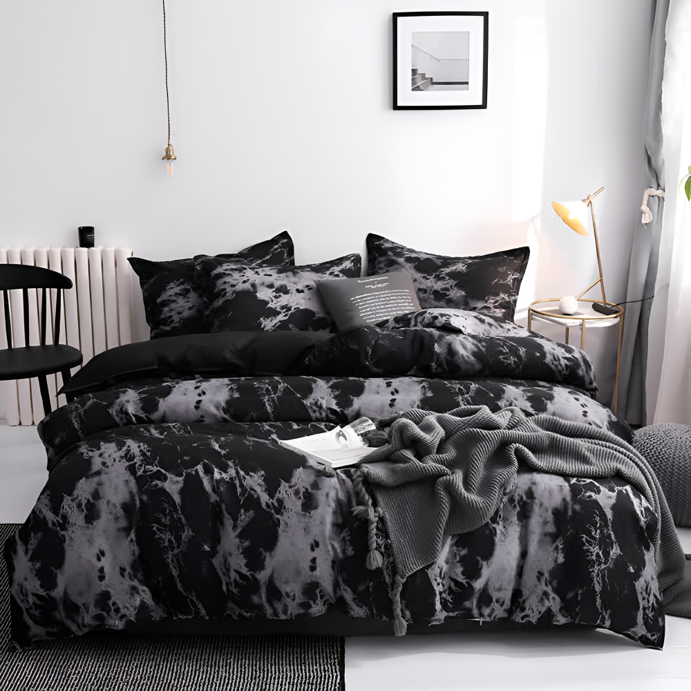 Luxus schwarzes Marmor Bettbezug Set - 3-teiliges Bettwäsche Set