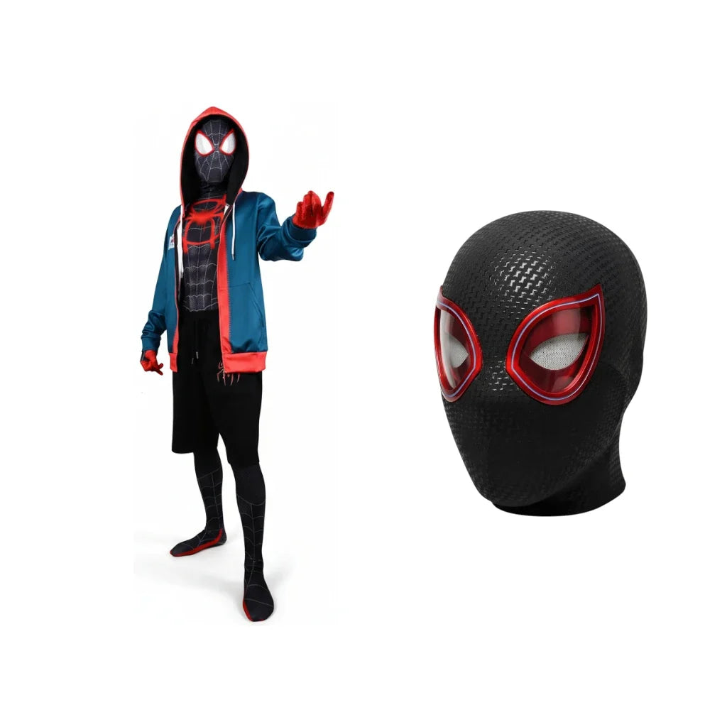 Kostümset von Miles Morales - Maske mit blinkenden Augen, Anzug und Kapuzenpullover