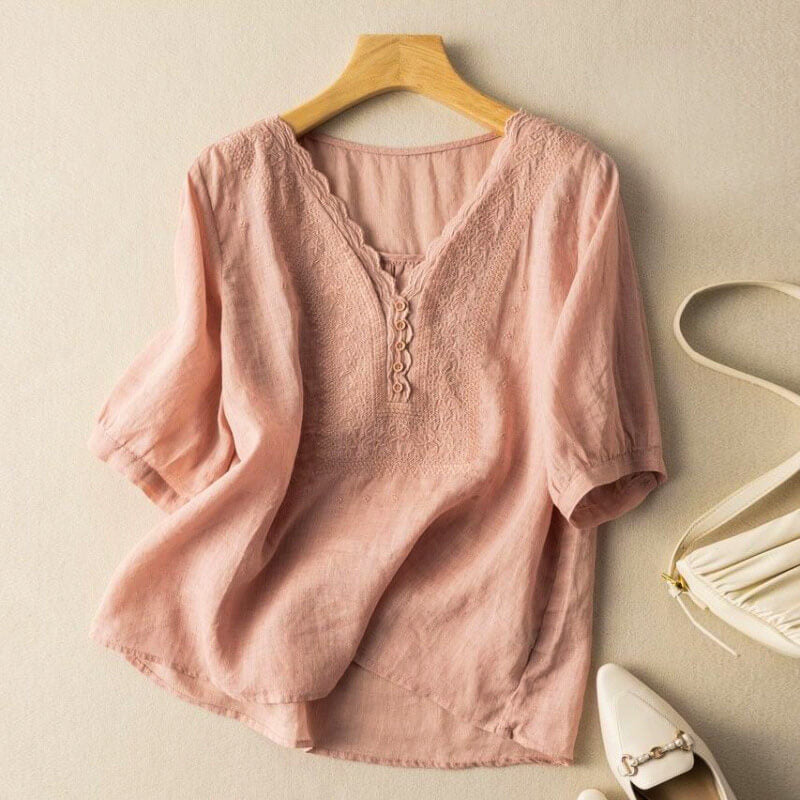  | Luciana Damen Bestickte Baumwoll-Leinen Bluse