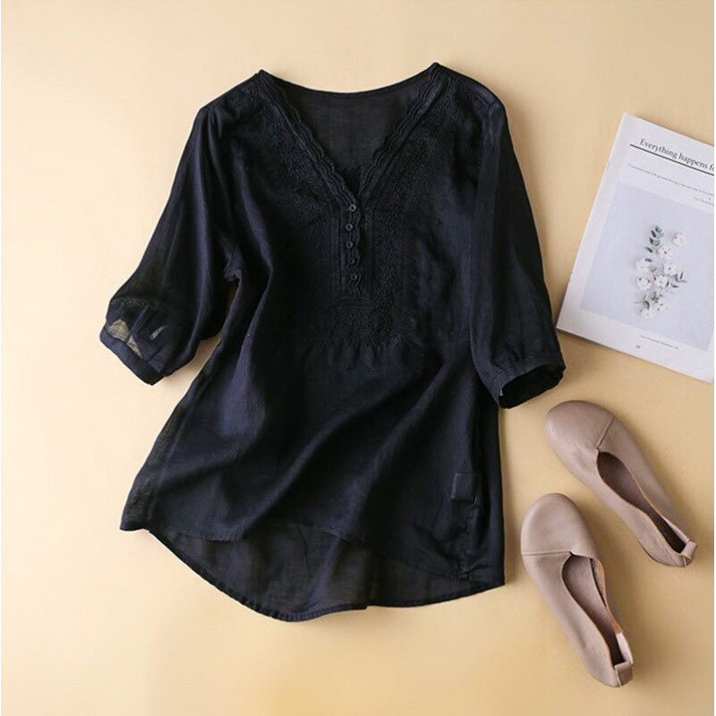  | Luciana Damen Bestickte Baumwoll-Leinen Bluse