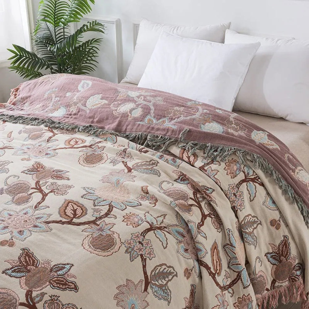 Floral Cotton Bed Blanket with Tassels - Orchid Trail Design