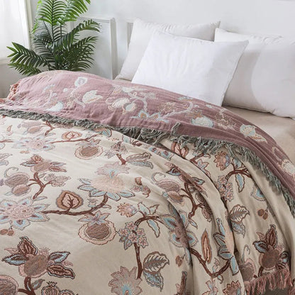 Floral Cotton Bed Blanket with Tassels - Orchid Trail Design