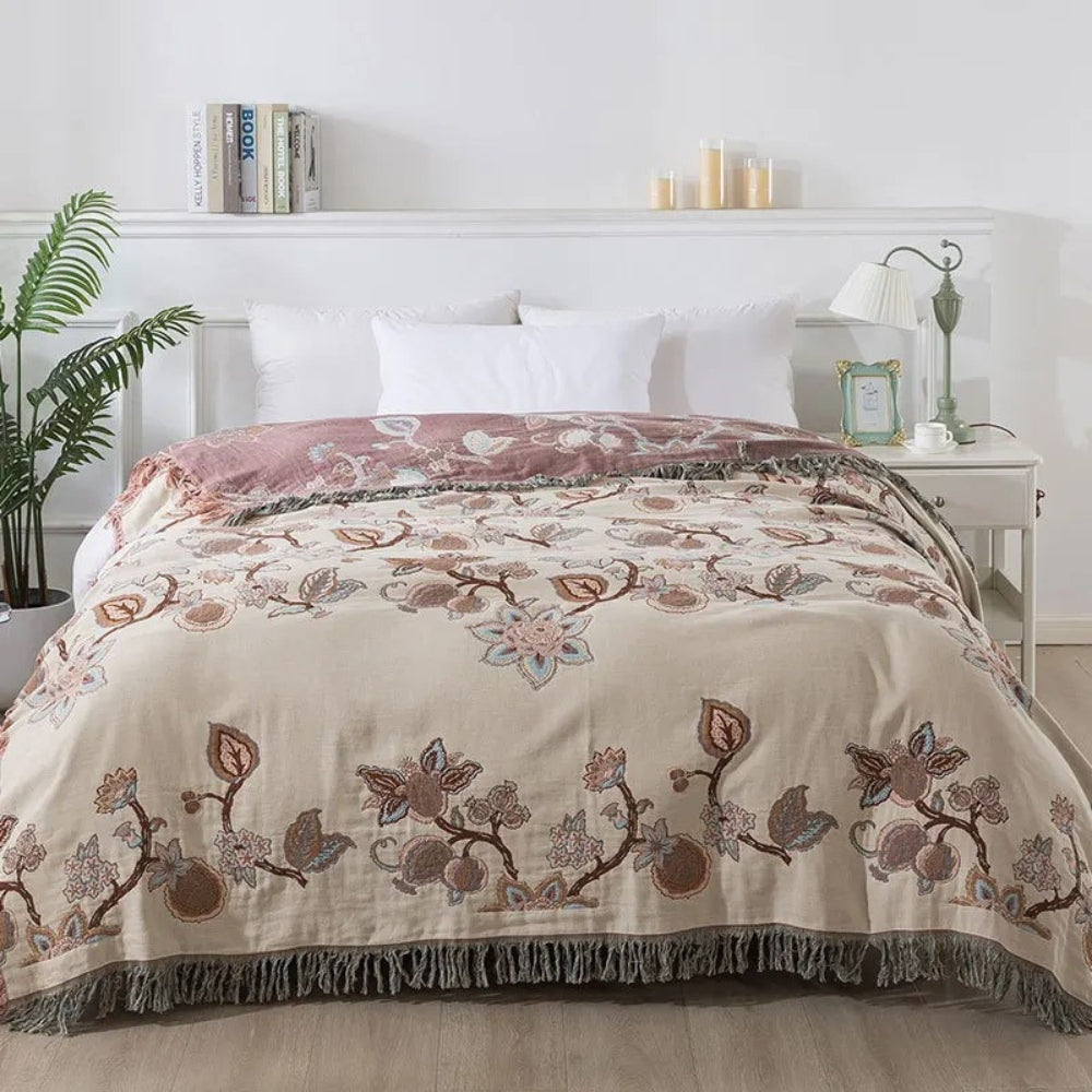 Floral Cotton Bed Blanket with Tassels - Orchid Trail Design
